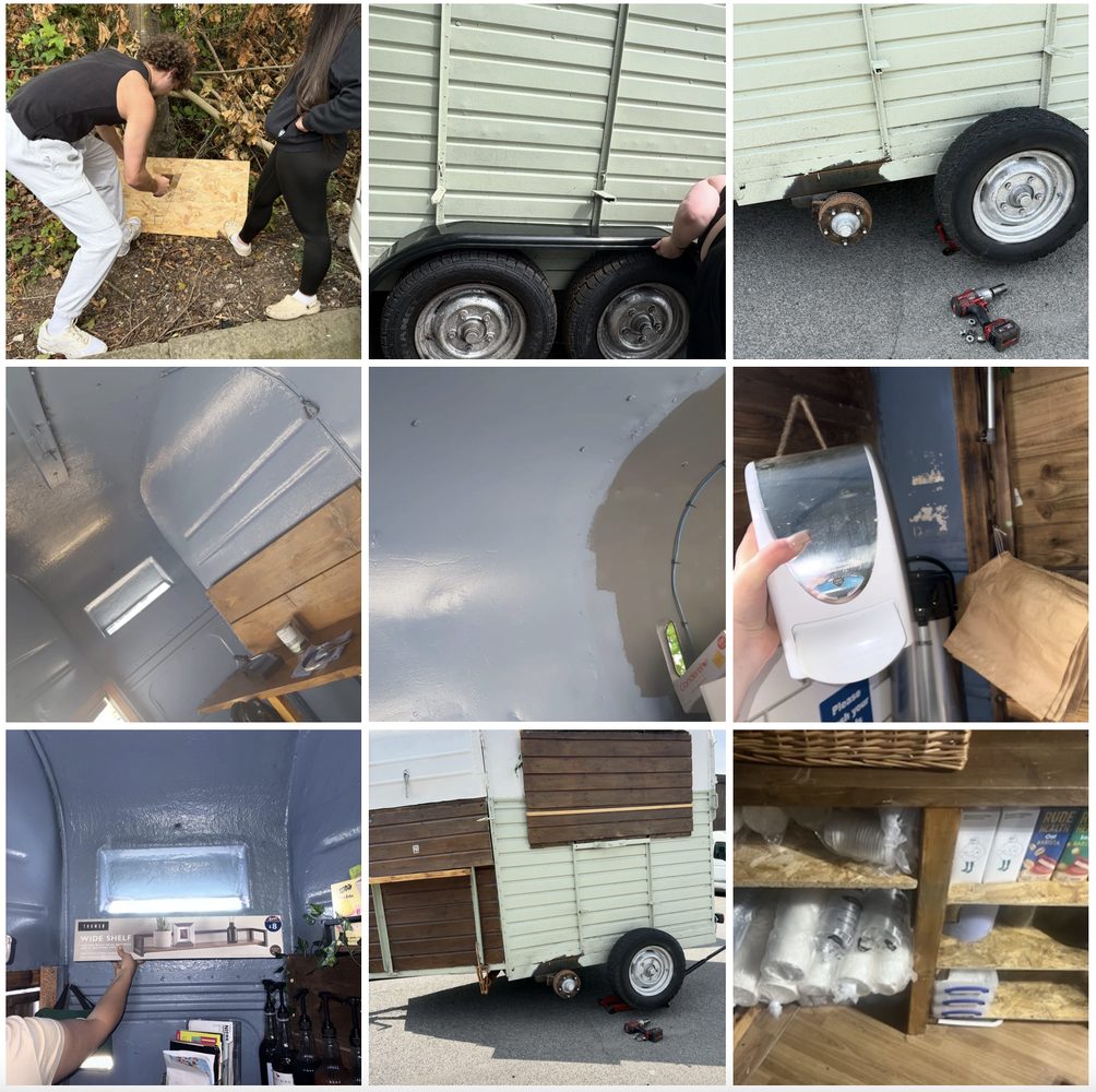 A grid of nine photographs documenting the conversion of a horsebox trailer into a mobile coffee bar