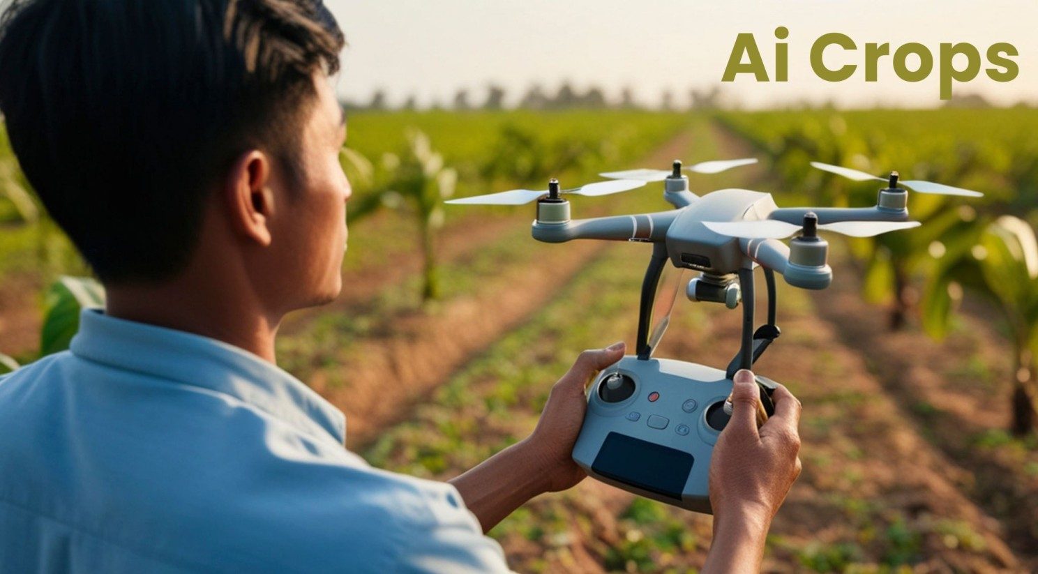 A farmer flying a survey drone over a coffee plantation, captioned “Ai Crops”