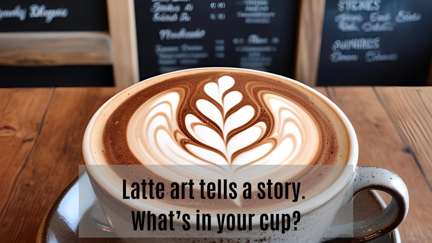 A cappuccino poured with a rosetta design, captioned “Latte art tells a story. What’s in your cup?”
