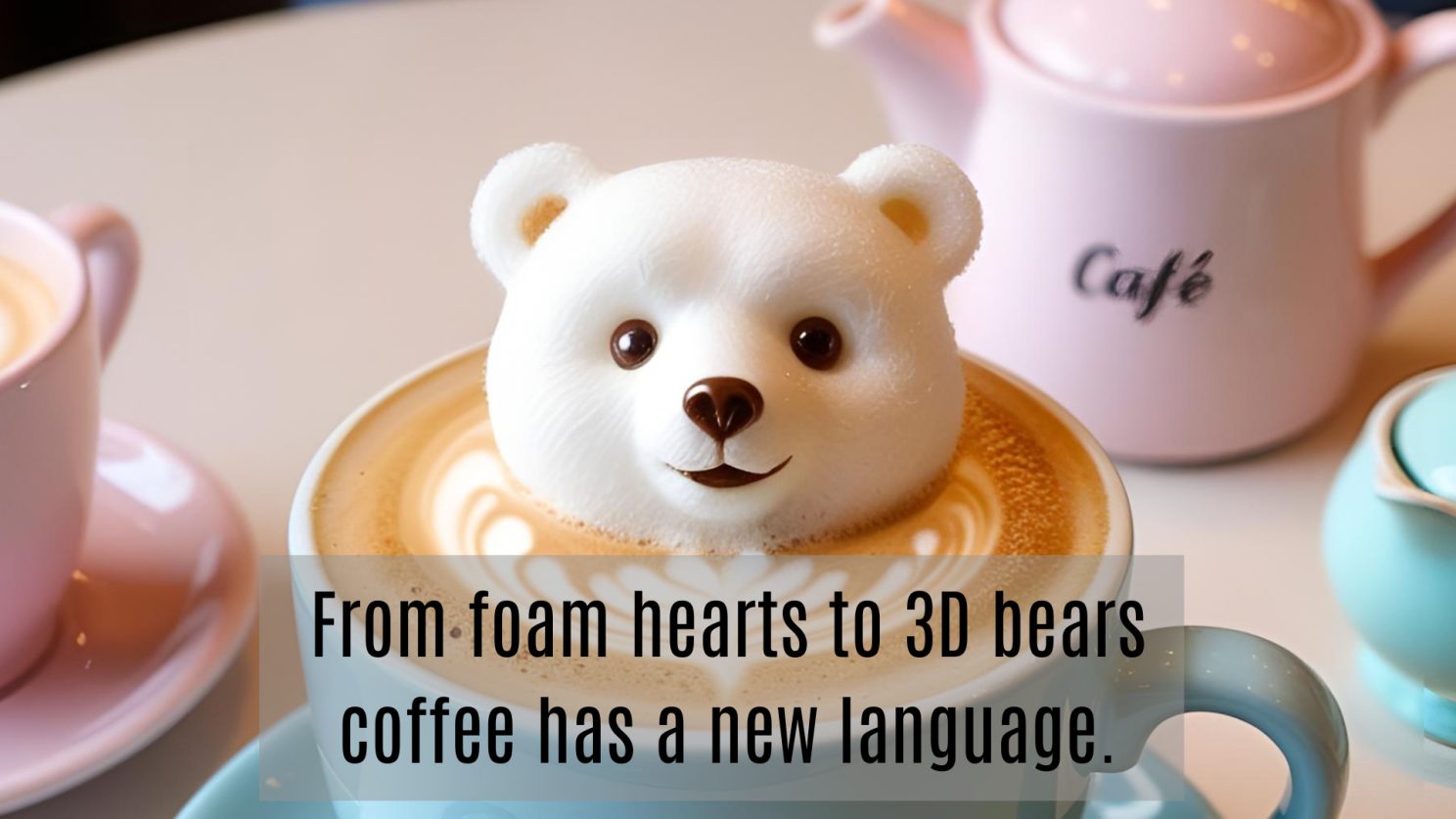 A coffee topped with a three-dimensional bear sculpted from milk foam, captioned “From foam hearts to 3D bears, coffee has a new language”