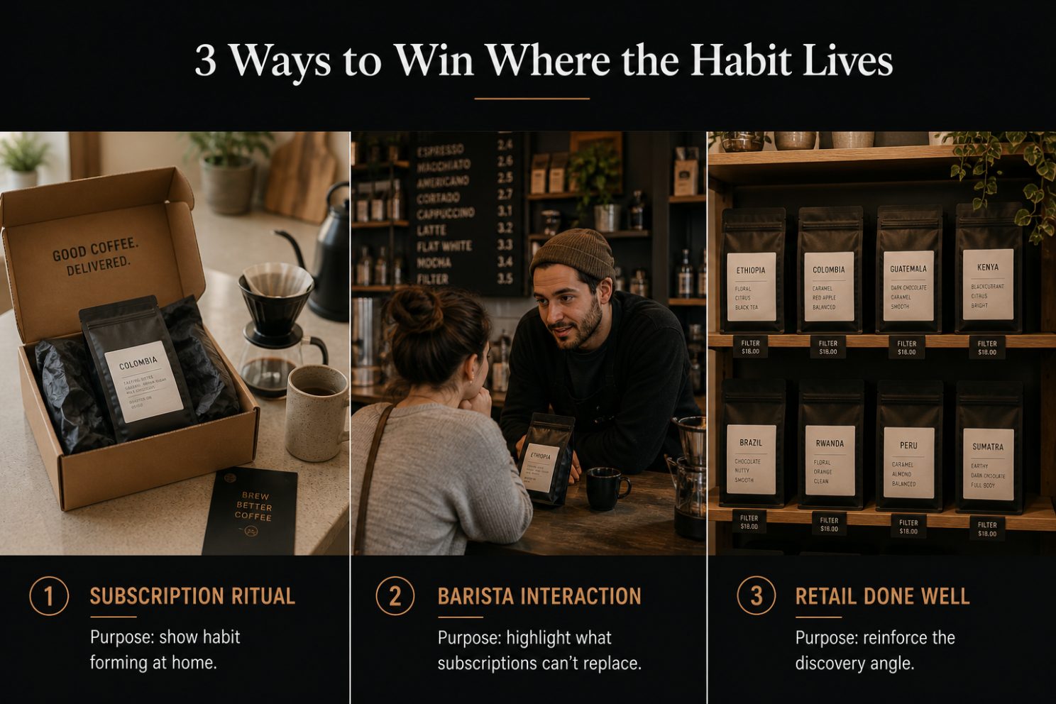 Infographic titled “3 Ways to Win Where the Habit Lives”: the subscription ritual, barista interaction, and retail done well