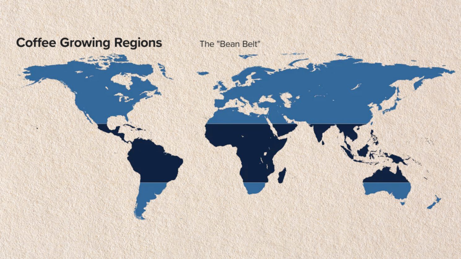 Map of the world highlighting the coffee-growing regions between the Tropics of Cancer and Capricorn, known as the Bean Belt