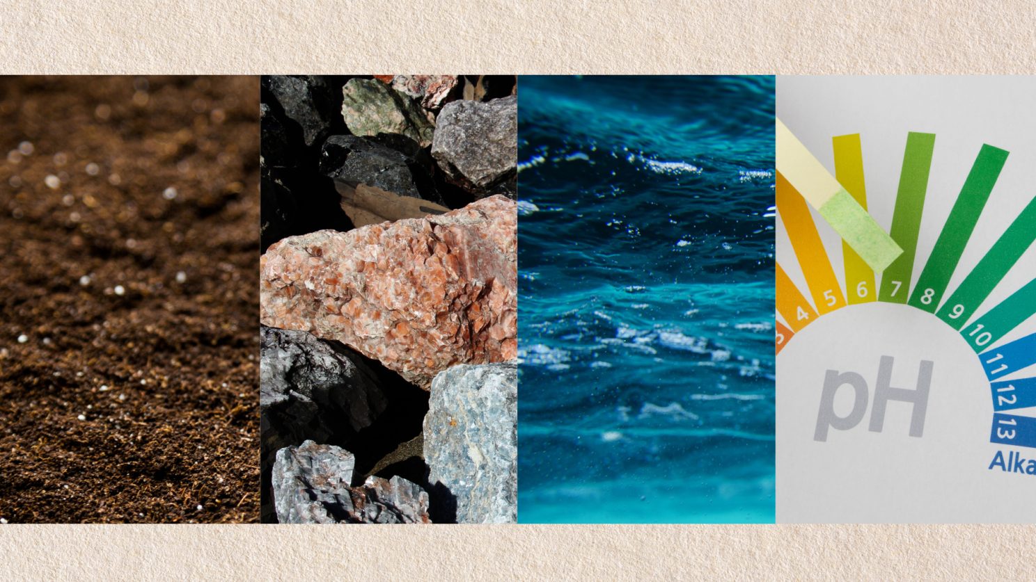 Four influences on coffee terroir side by side: soil, mineral-rich rock, water and a pH test chart