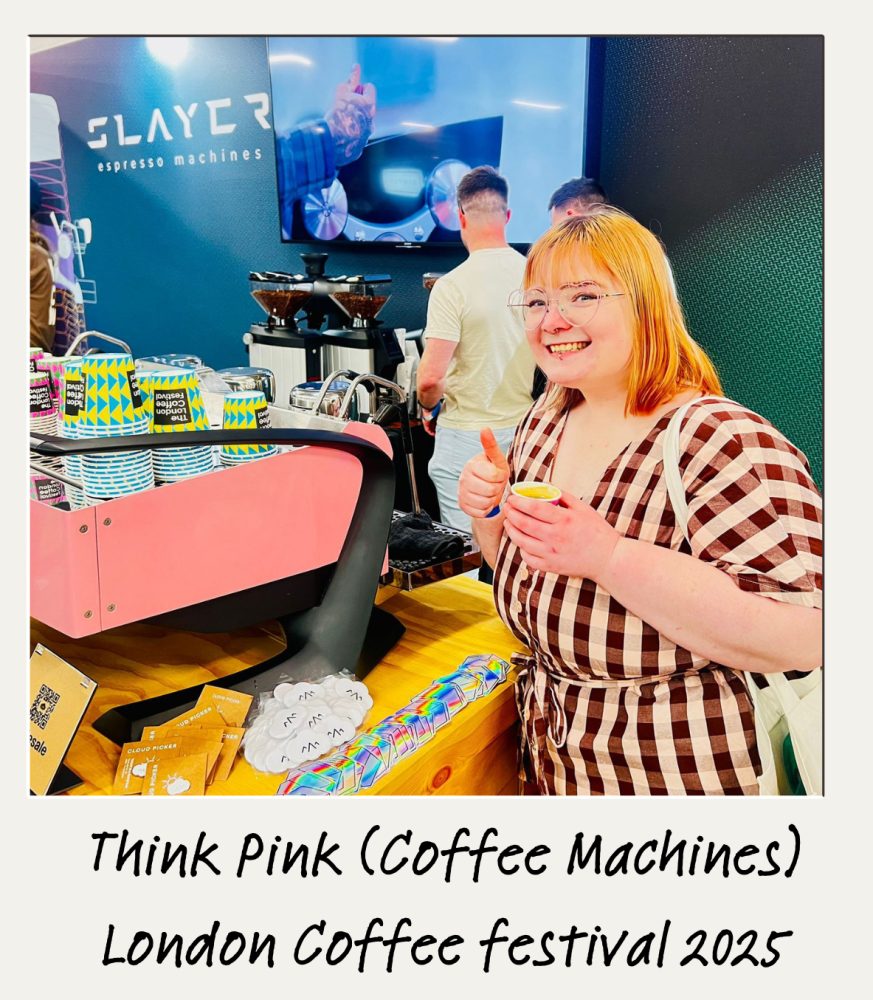 A pink Slayer espresso machine on display at the London Coffee Festival 2025