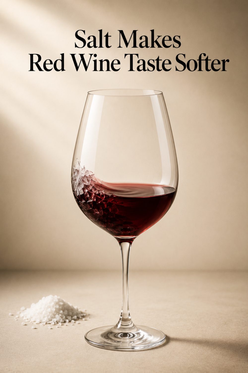 A glass of red wine beside a scattering of salt, captioned “Salt makes red wine taste softer”