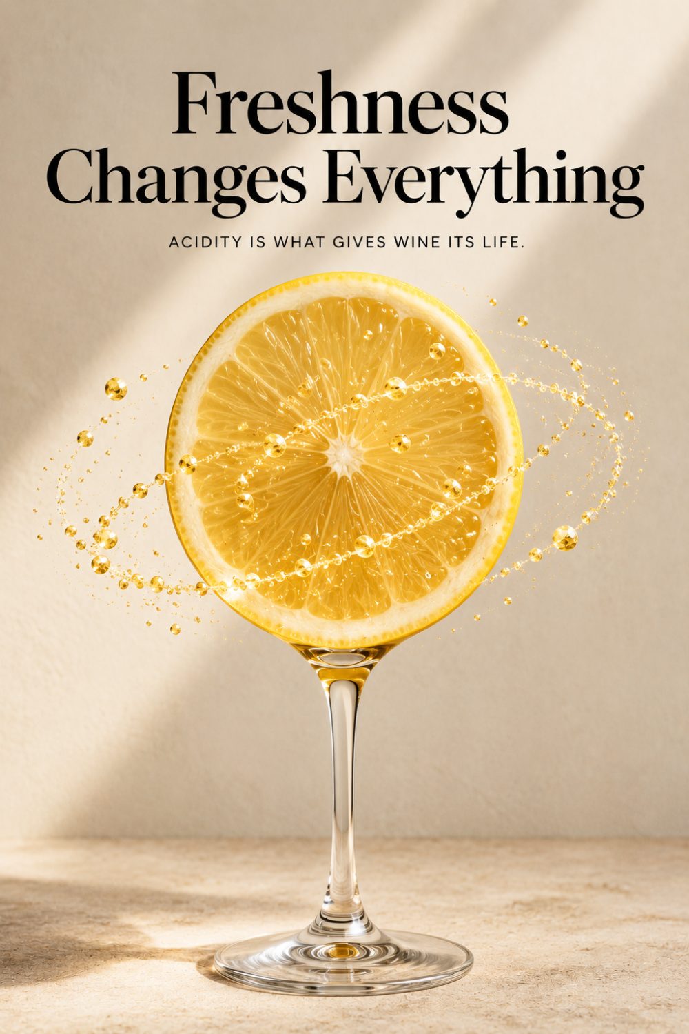 A slice of lemon suspended above a wine glass, captioned “Freshness changes everything — acidity is what gives wine its life”