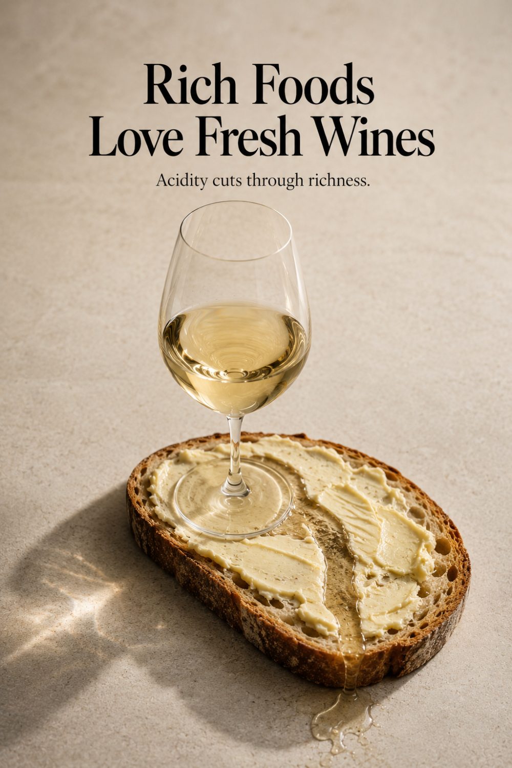 A glass of white wine beside buttered sourdough, captioned “Rich foods love fresh wines — acidity cuts through richness”