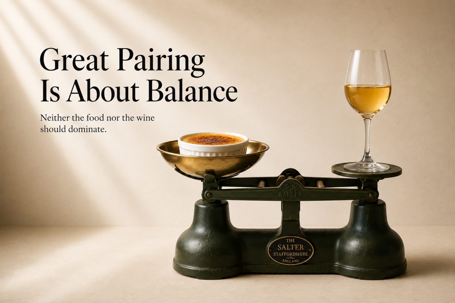 A crème brûlée and a glass of white wine balanced on a set of weighing scales, captioned “Great pairing is about balance — neither the food nor the wine should dominate”