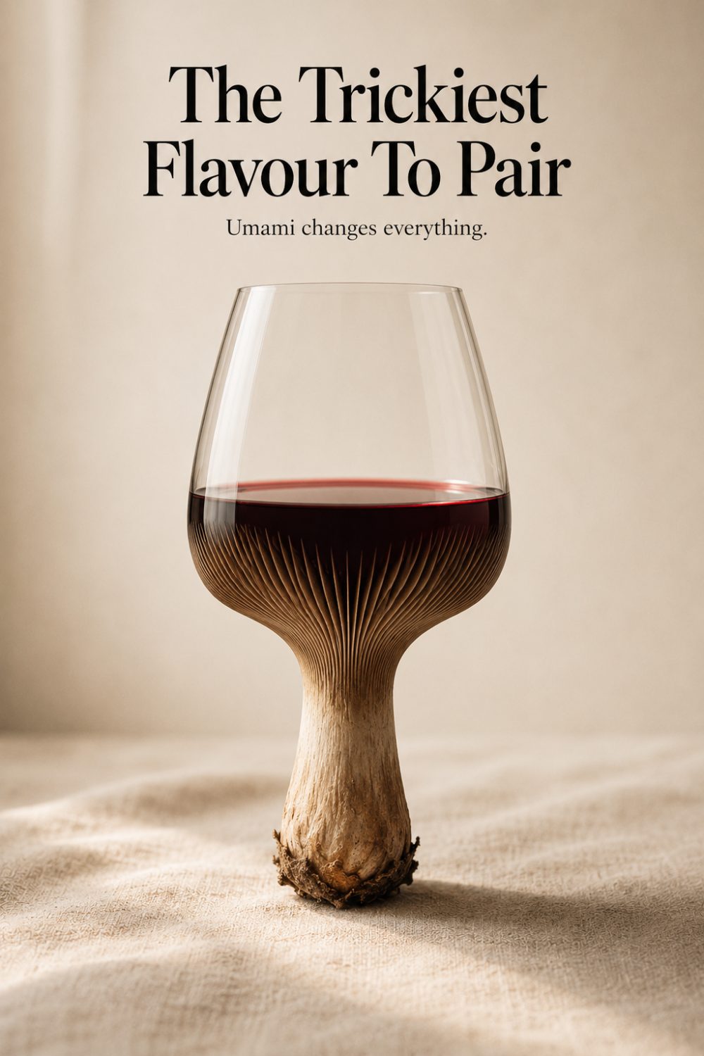 A wine glass merging into a mushroom stem, captioned “The trickiest flavour to pair — umami changes everything”