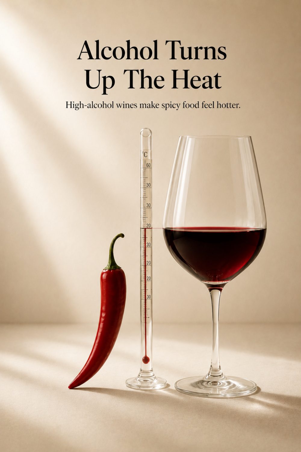A red chilli and a thermometer beside a glass of red wine, captioned “Alcohol turns up the heat — high-alcohol wines make spicy food feel hotter”
