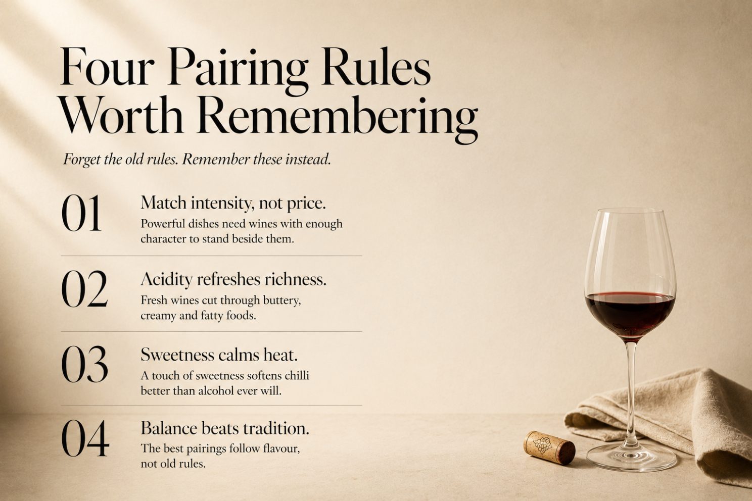 Four pairing rules: match intensity not price, acidity refreshes richness, sweetness calms heat, and balance beats tradition