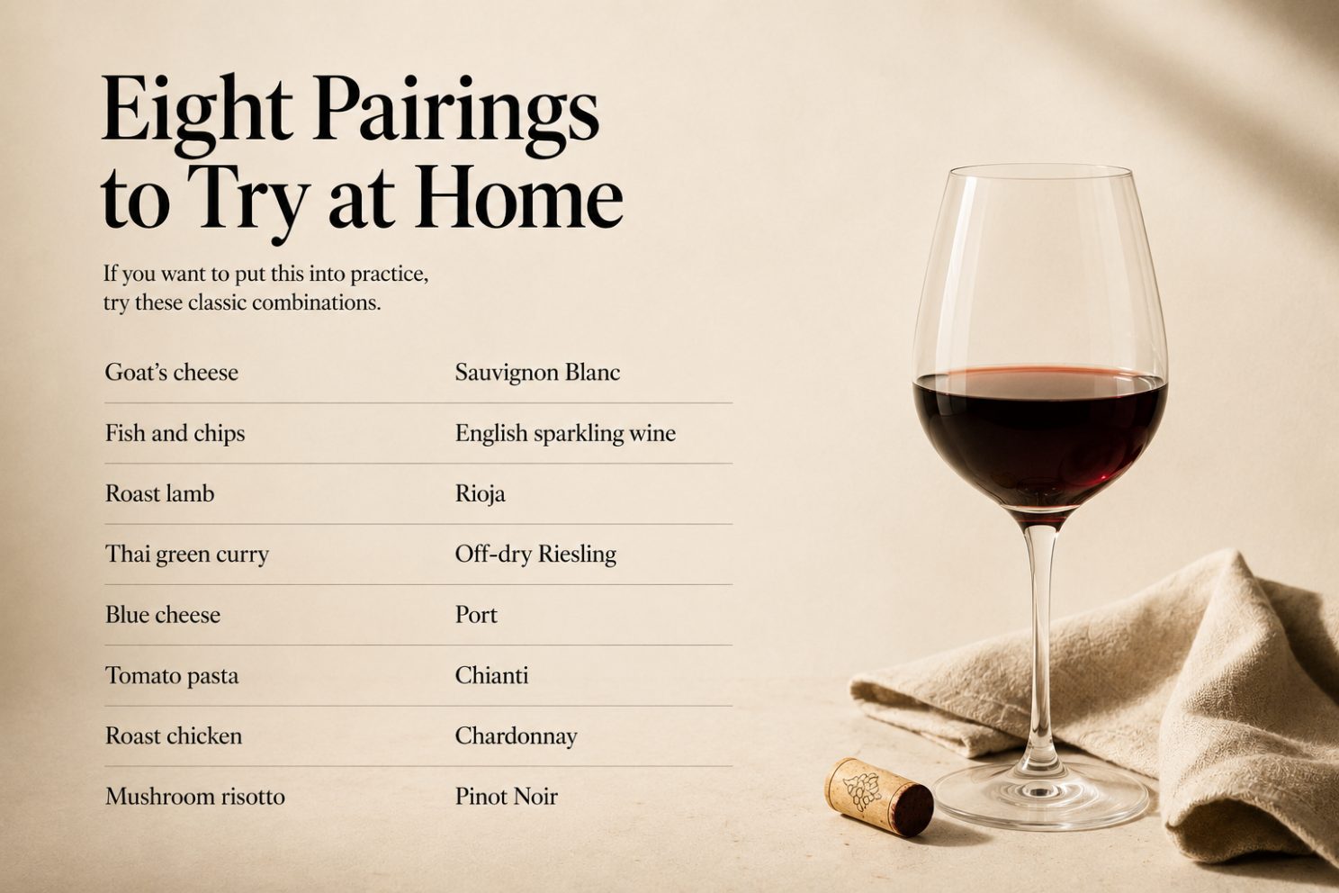 Eight classic pairings to try at home, including goat’s cheese with Sauvignon Blanc, fish and chips with English sparkling wine, roast lamb with Rioja and mushroom risotto with Pinot Noir